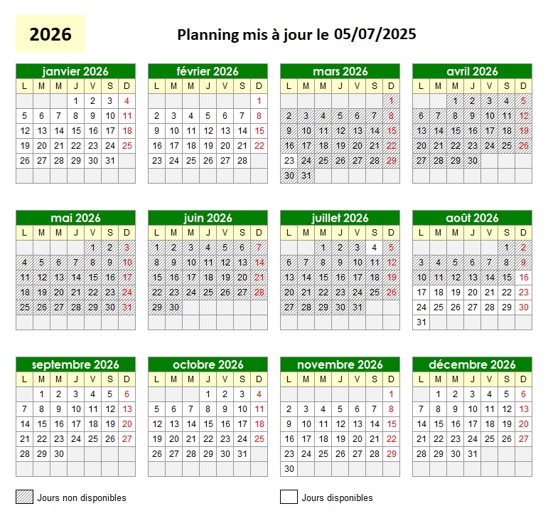2026 Planning des réservations