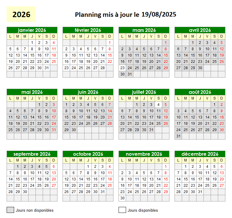 2026 Planning des réservations