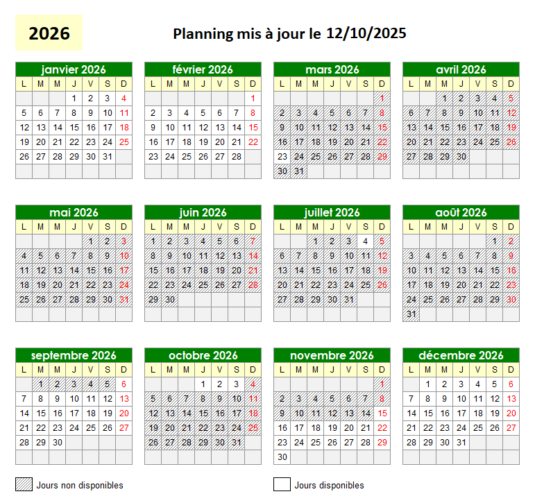 2026 Planning des réservations