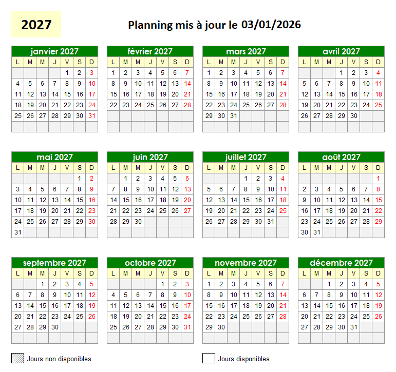 2027 Planning des réservations