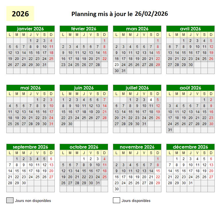 2026 Planning des réservations