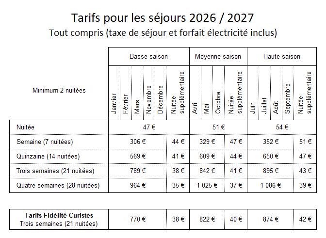 Tarifs séjours tout compris 2026 / 2027