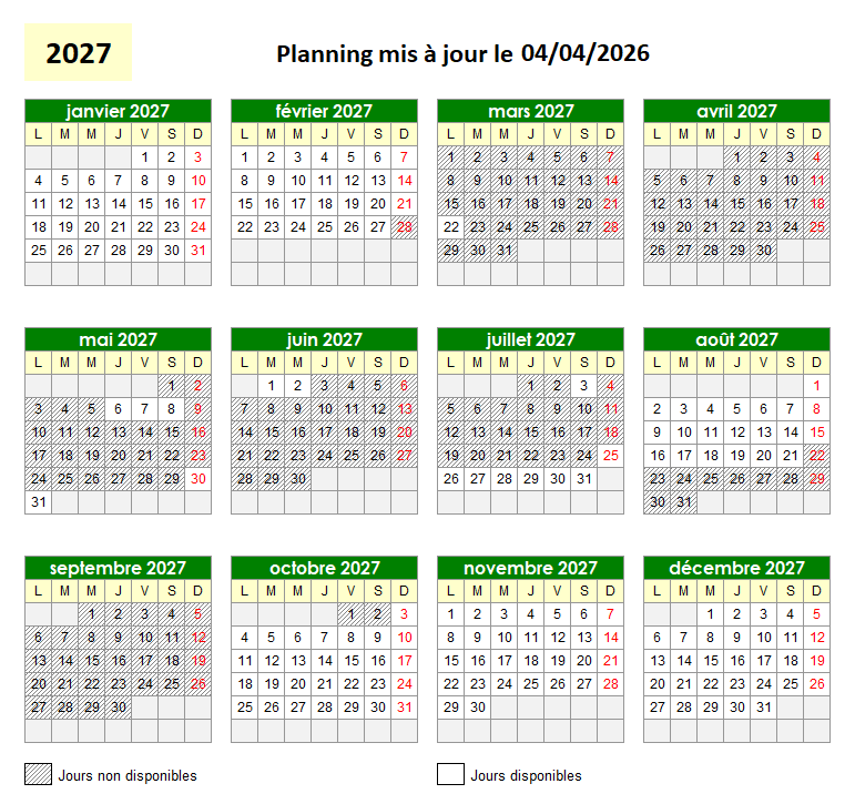 2027 Planning des réservations